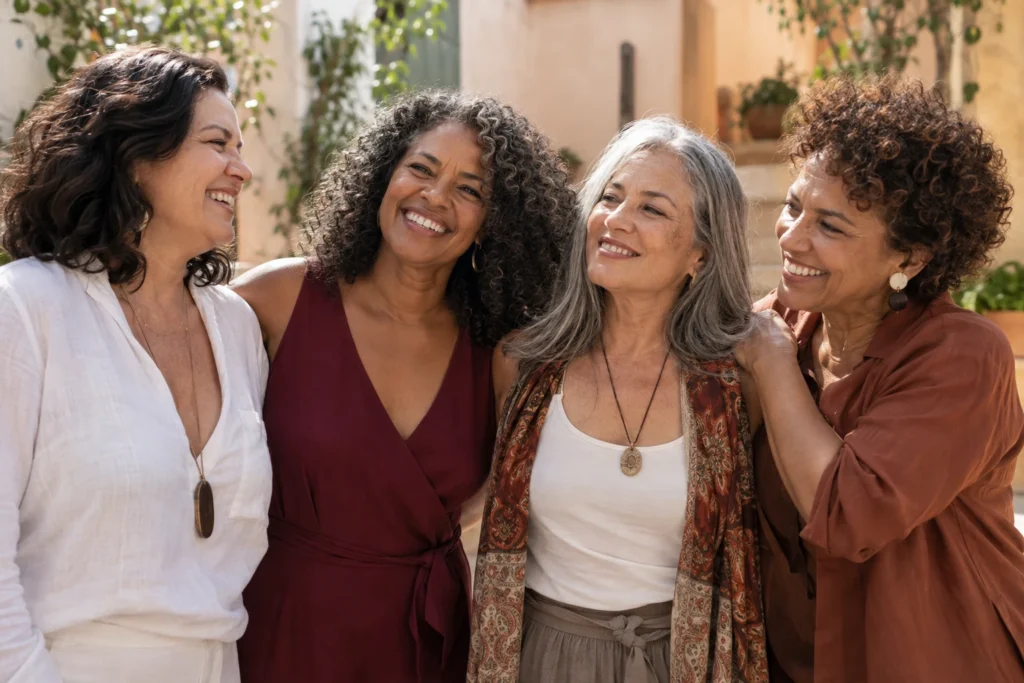 Imagem editorial de mulheres maduras reunidas em um momento de convivência